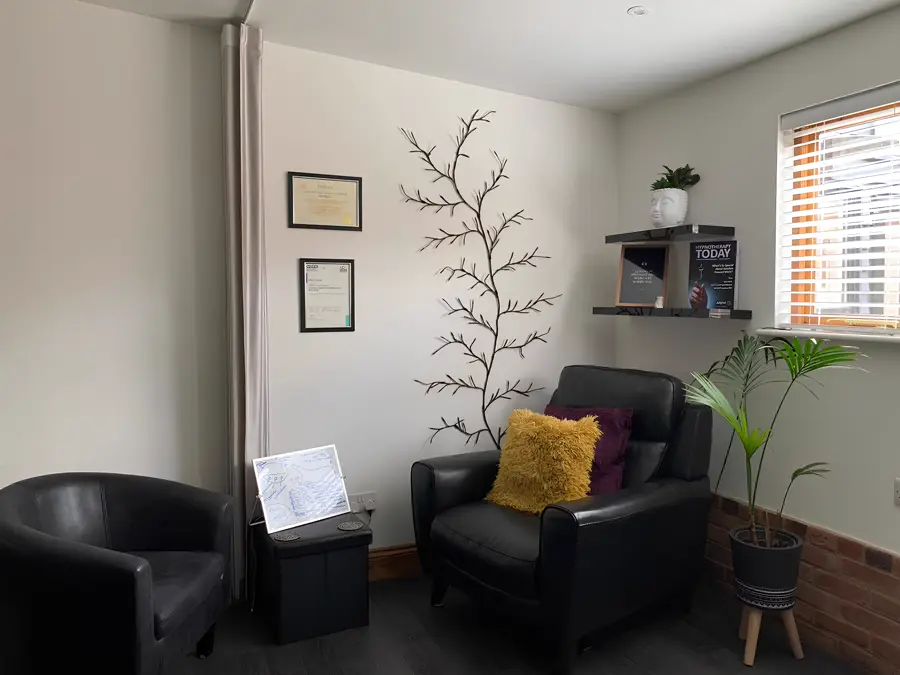 Comfortable therapy room at First Step Therapy, Hatfield Heath near Bishop's Stortford — a calm, private space for Solution Focused Hypnotherapy sessions